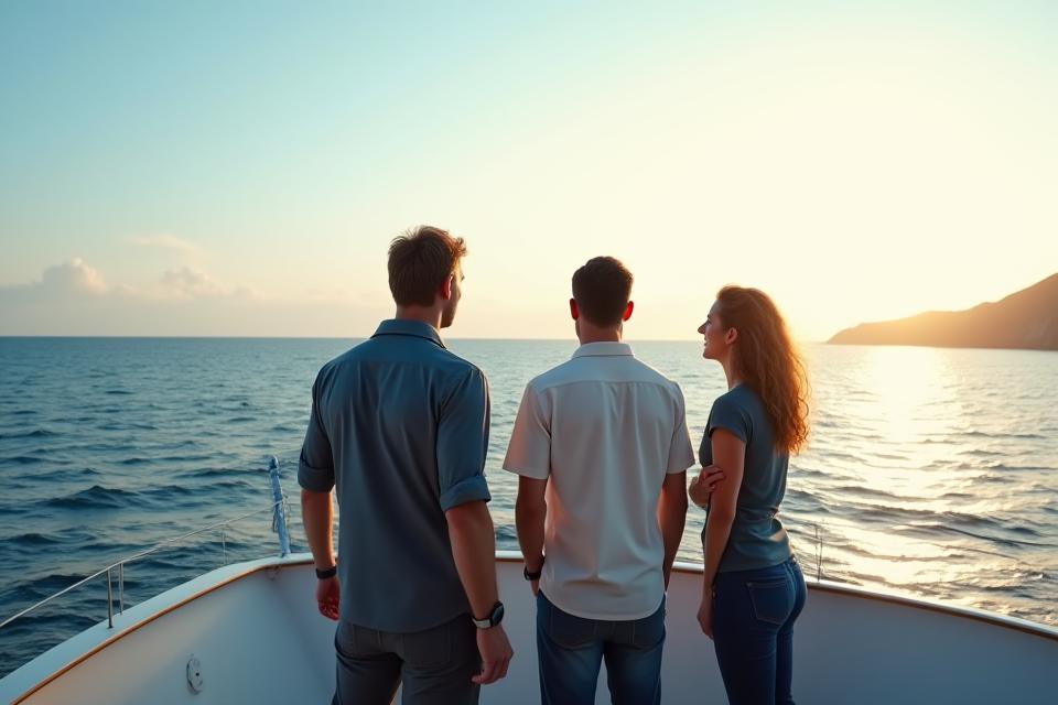 Photo des fondateurs de Flots Purs regardant l'horizon sur un bateau au large de la Bretagne
